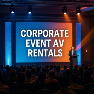 Live corporate event with stage lighting, LED video walls, and professional AV rentals setup.